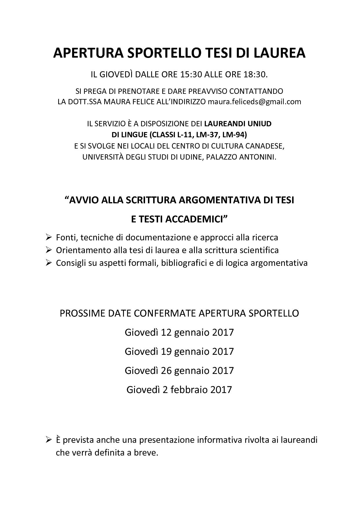 Apertura sportello tesi di laurea UNIUD Universit degli Studi