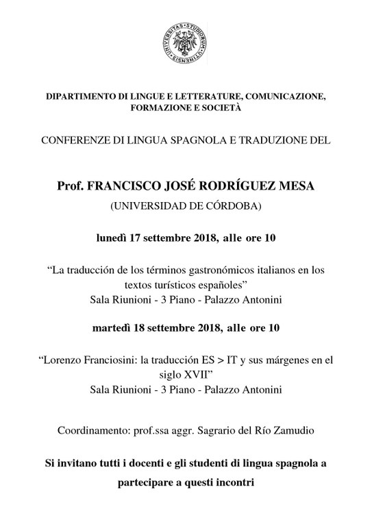 Locandina "La traducción de los términos gastronómicos italianos en los  textos turísticos españoles” Prof. Francisco José Rodriguez Mesa