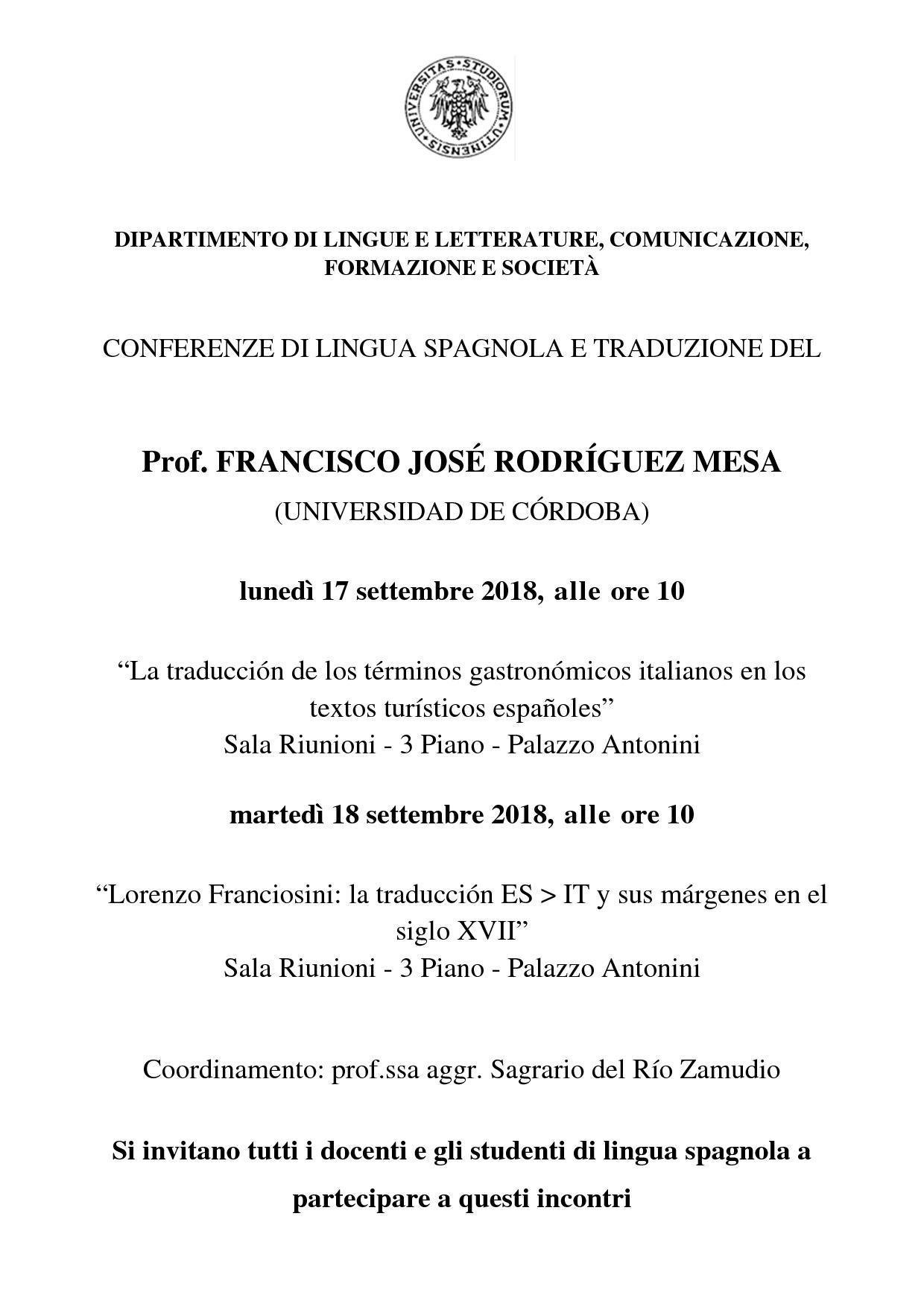 Locandina "La traducción de los términos gastronómicos italianos en los  textos turísticos españoles” Prof. Francisco José Rodriguez Mesa 